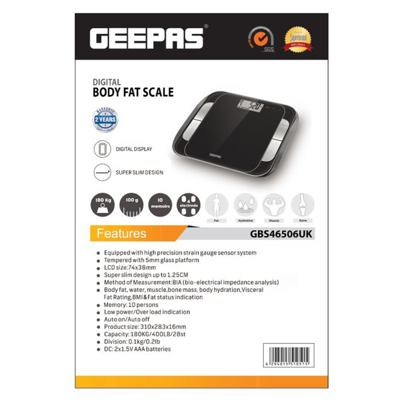 Geepas GBS46506UK Body Fat Bathroom Scale - Smart High Accuracy Digital Weighing Scales For Body Weight, BMI Visceral Body Fat Rating, Muscle Mass, Body Hydration, Water & Bone Mass - 2 Year Warranty - Image 3