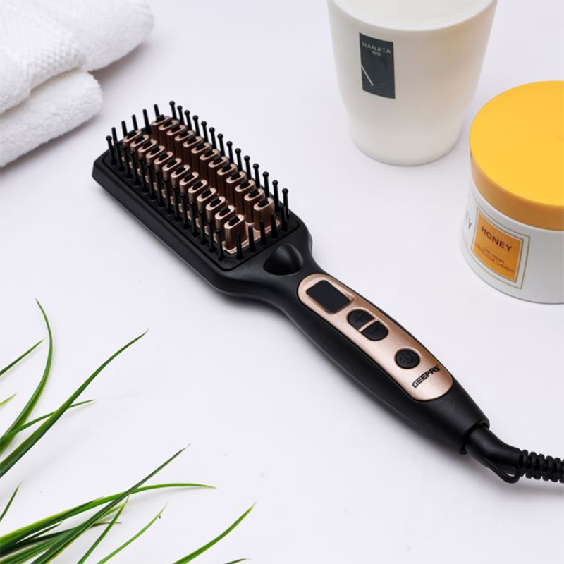 Geepas 2 In 1 Hair Brush 45W - Straightener Brush With Ceramic Anti Scald Hair Brush, Travel Voltage Brush, Auto Shut Off With LED Display And Heating Function | 2 Years Warranty